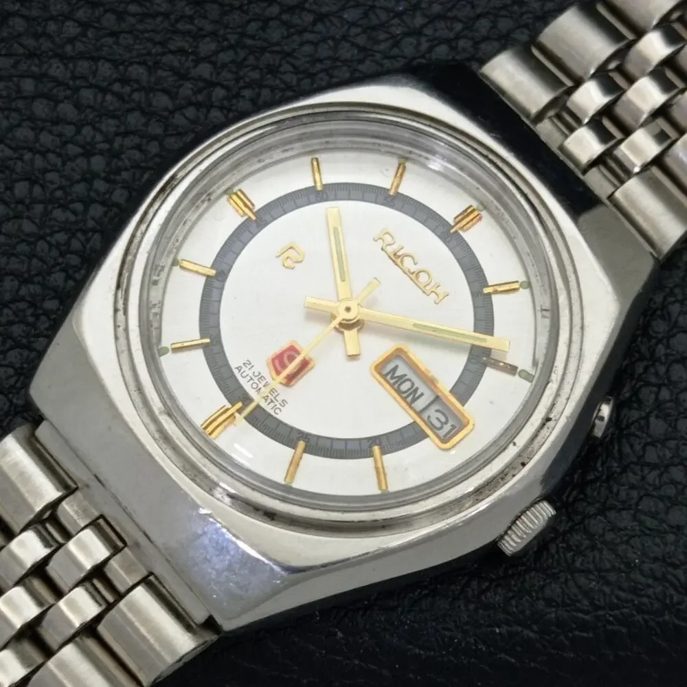 Vintage 1988 Ricoh Automatic Mens Silver Watch W/daydate & Gold accents